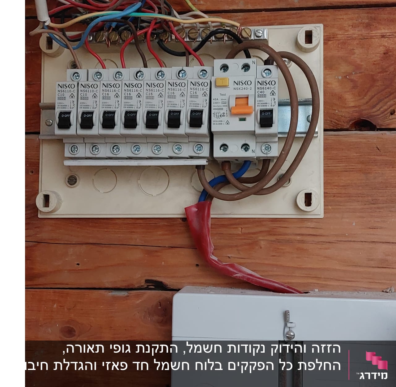 לוח חשמל עם מפסקים וחוטי חשמל צבעוניים